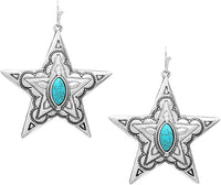 Burnished Silver Tone Western Style Star Conchos With Semi Precious Turquoise Howlite Stone Dangle Earrings, 2"