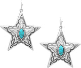 Burnished Silver Tone Western Style Star Conchos With Semi Precious Turquoise Howlite Stone Dangle Earrings, 2