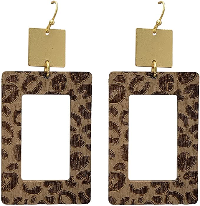 Get Wild Leopard Spot Wooden Cutout Rectangular Safari Hoop With Matte Gold Tone Dangle Earrings, 3" (Natural Wood Background)