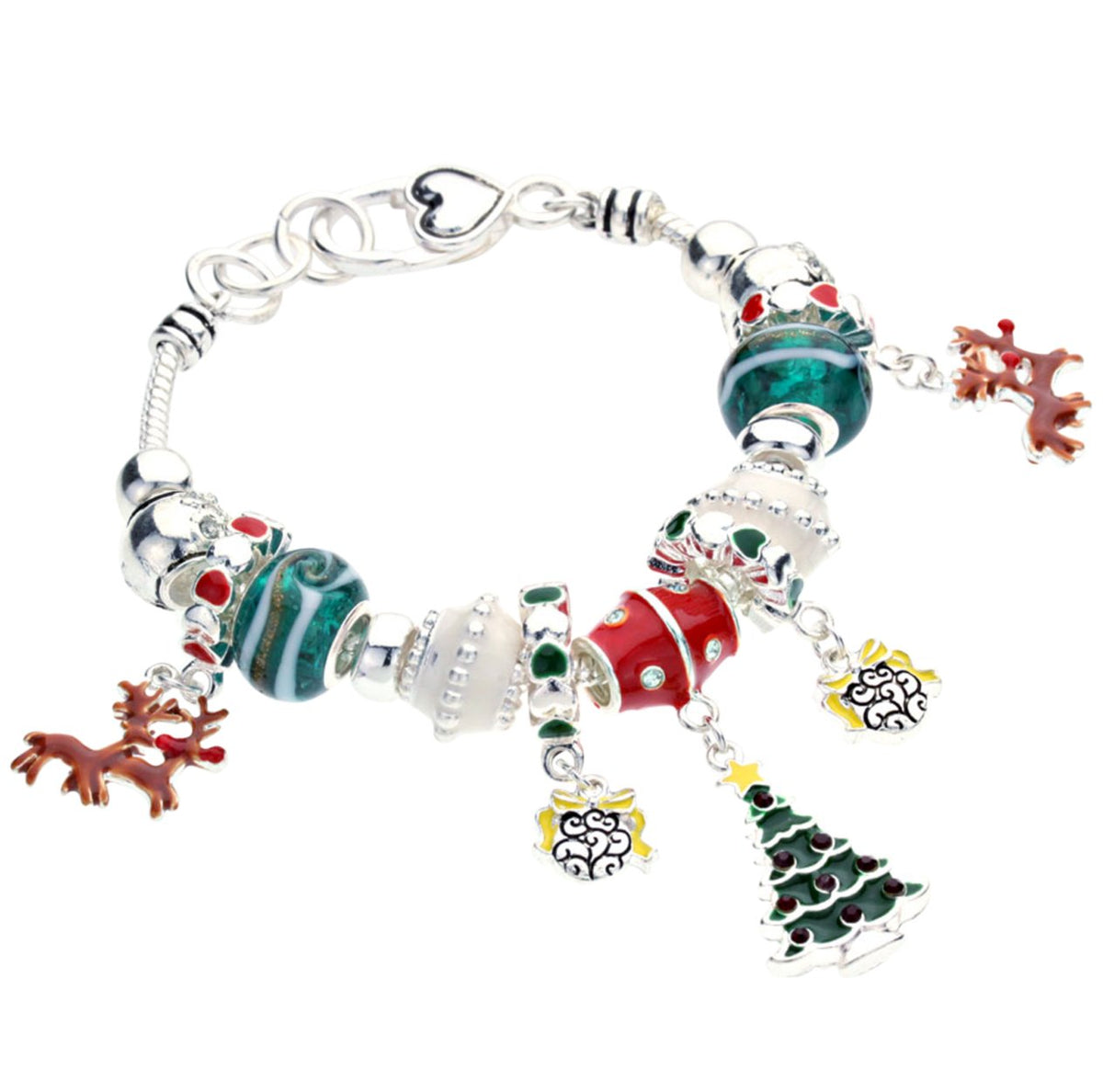 Stylish 12 Days of Christmas with Enamel Holiday Charms and Faceted Red and Green Crystals on Silver Tone Toggle Clasp Link Bracelet, 7-8.5