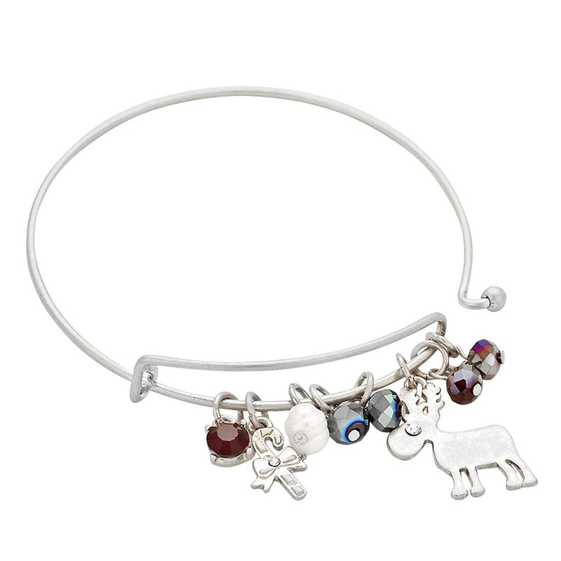 Reindeer Crystal Thin Metal Holiday Charm Bracelet Silver Tone