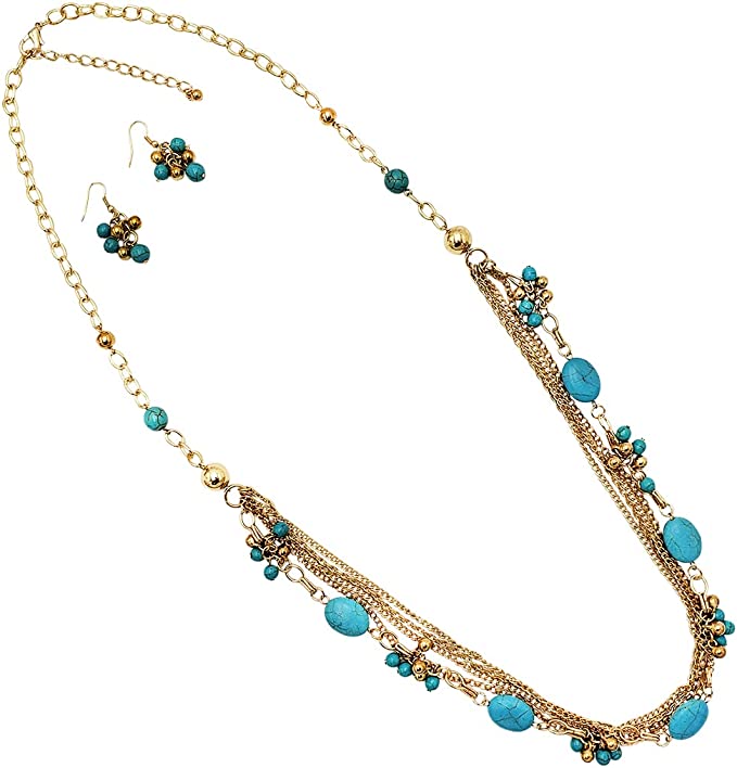 Stunning Western Glam Gold Tone Chains With Turquoise Howlite Stones Necklace Earring Gift Set, 34"+3" Extender