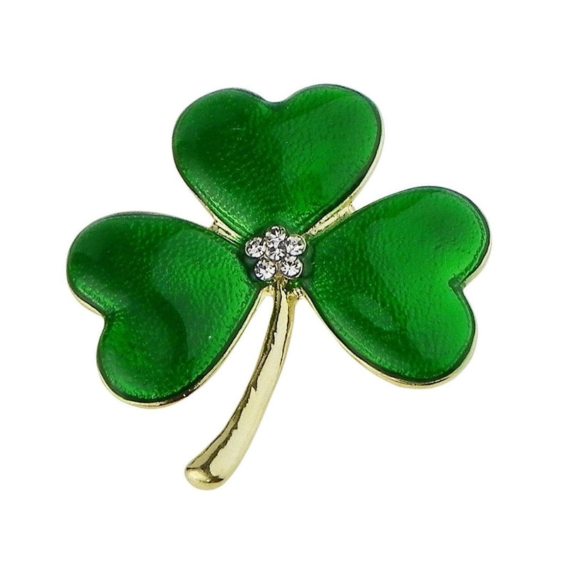 Irish Shamrock Crystal Enamel Brooch Gold Tone