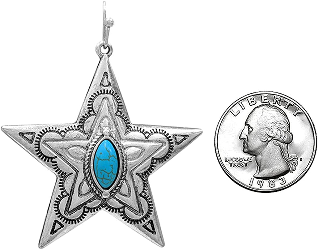 Burnished Silver Tone Western Style Star Conchos With Semi Precious Turquoise Howlite Stone Dangle Earrings, 2"