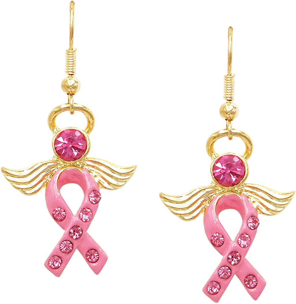 Gold Tone Breast Cancer Awareness Pink Ribbon Enamel And Crystal Angel Dangle Earrings, 1.75"