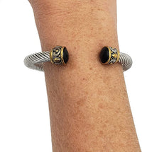 Chic Stainless Steel Twisted Cable Wire Stackable Designer Cuff With Two Tone Celtic Ends Bangle Bracelet, 6.5"