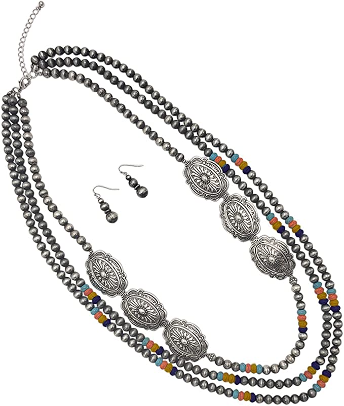 Chic Silver Tone Conchos On Extra Long Multi Strand Western Style Metallic Pearls With Howlite Beads Necklace Earrings Set, 30"+3" Extender (Multi)