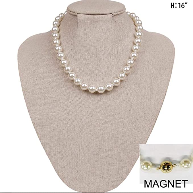 Classic Simulated Pearl Knotted Strand Necklace With Magnetic Clasp (12mm, 16", Cream)