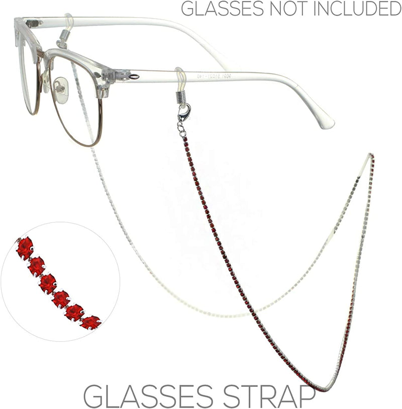 Elegant 2mm Crystal Rhinestone Strap Reader Eyeglass Face Mask Holder Necklace, 28.5" (Light Siam Red)