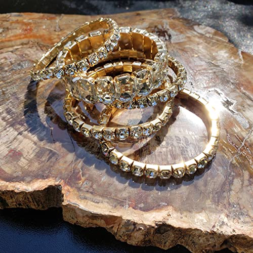 Stunning Statement Set Of 5 Colorful Crystal Rhinestone Stretch Bracelets, 6.75" (Clear Crystal Gold Tone)