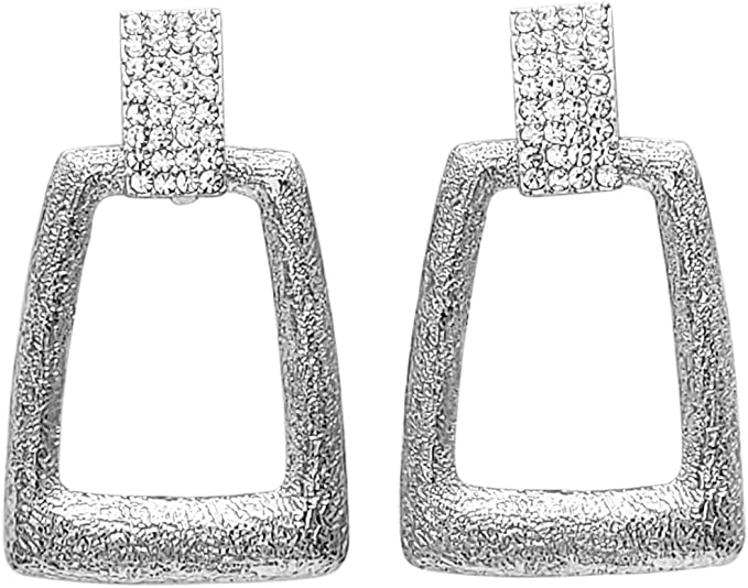 Statement Crystal Rhinestone And Textured Metal Door Knocker Style Clip On Trapezoid Hoop Earrings, 2.25" (Silver Tone)