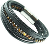 Men's Stylish Multi Strand Black Leather Straps With Tigers Eye Bead And Stainless Steel Magnetic Clasp Bracelet, 8.5"