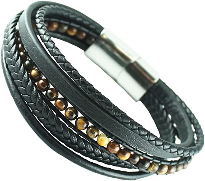 Men's 8.5" Stainless Steel Braided Leather Bracelet - Black, Magnetic Clasp, Unisex Gift