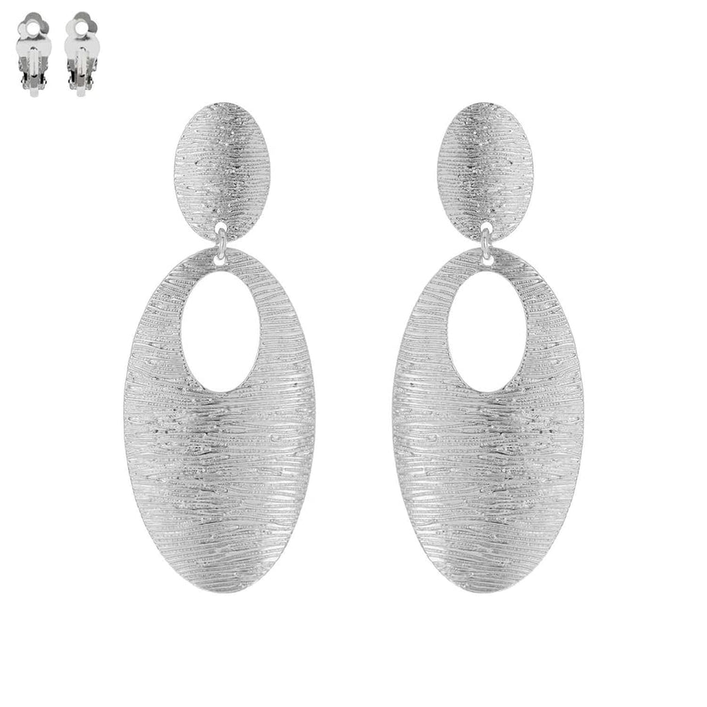 Stunning Grooved Textured Metal Elongated Oval Hoop Statement Clip On Earring, 2.75" (Silver Tone)
