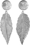Chic Polished Silver Tone Textured Metal Feather Dangle Clip On Style Earrings, 3.5"