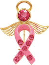 Gold Tone Breast Cancer Awareness Pink Ribbon Enamel And Crystal Angel Brooch Pin, 1.75"