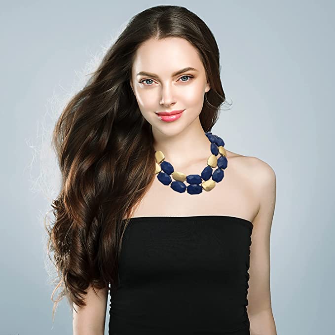 Chic Matte Gold Tone Double Row Resin Bead Statement Necklace, 17"+3" Extender (Blue)