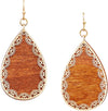 Boho Chic Wooden With Gold Tone Filigree Teardrop Shaped Earrings 2.25"