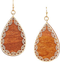 Boho Chic Wooden With Gold Tone Filigree Teardrop Shaped Earrings 2.25"