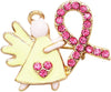 Charming Pink Ribbon Crystal Rhinestone Angel Lapel Pin Brooch, 1" (Light Yellow Gold Tone)