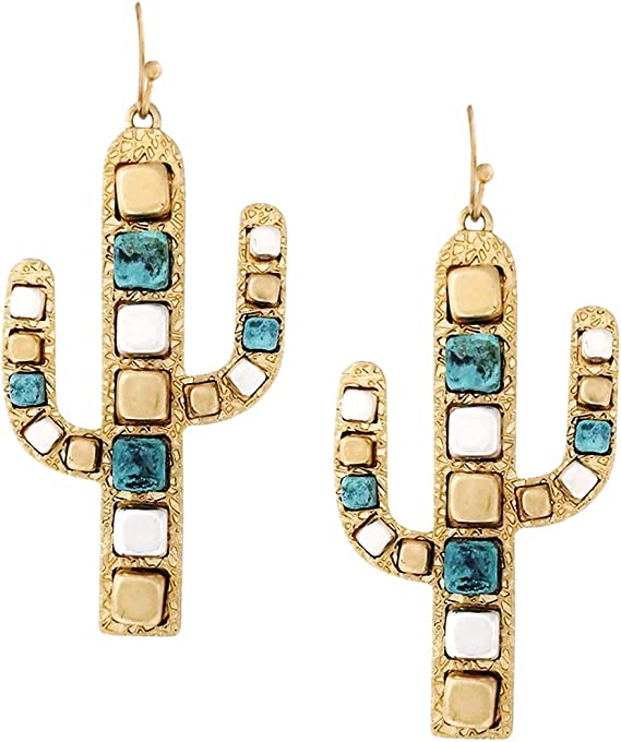 Cowgirl Glam Gold Tone Nugget With Howlite Stone Statement Western Cactus Earrings, 2.5"