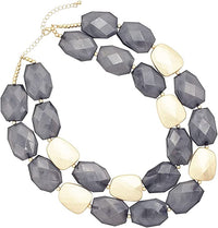 Chic Matte Gold Tone Double Row Resin Bead Statement Necklace, 17"+3" Extender (Gray)