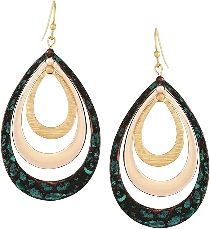 Chic Hammered Metal Geometric Triple Hoop Dangle Earrings, 2.25" (Patina And Polished Gold)