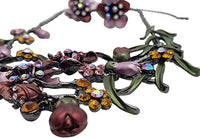 Stunning 3D Metal Flowers With Colorful Resin And Crystal Vine Necklace And Earrings Gift Set, 14"+3" Extension (Red Pink Flowers Yellow Crystals Hematite Tone CLIP ON Earring)