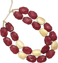 Chic Matte Gold Tone Double Row Resin Bead Statement Necklace, 17"+3" Extender (Red)
