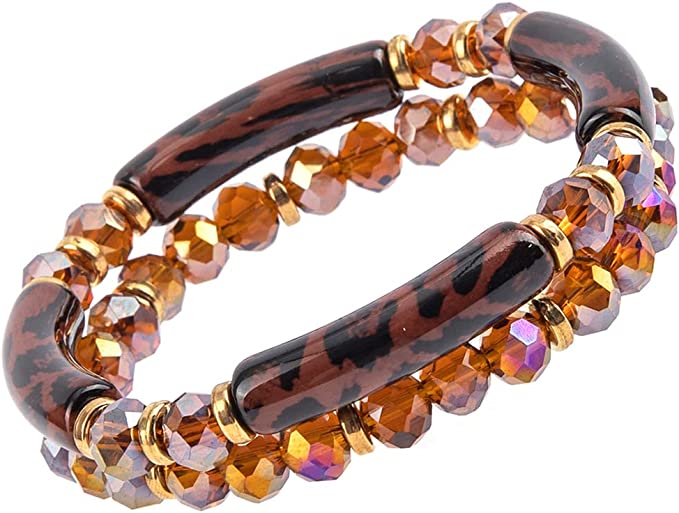 Stunning Set Of 2 Acrylic Bamboo Tube And Faceted Glass Crystal Bead Stacking Stretch Bangle Bracelets, 6.5" (Tortoise Shell Brown)