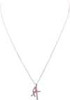 Inspirational Breast Cancer Awareness Pink Crystal Ribbon and Silver Cross Charm Necklace, 18"-20" with 3" Extender