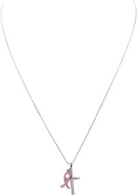 Inspirational Breast Cancer Awareness Pink Crystal Ribbon and Silver Cross Charm Necklace, 18"-20" with 3" Extender