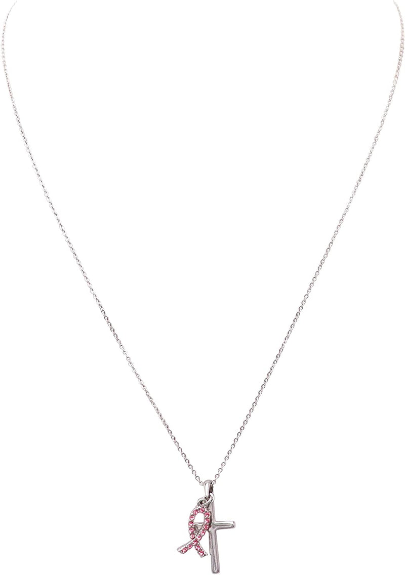 Inspirational Breast Cancer Awareness Pink Crystal Ribbon and Silver Cross Charm Necklace, 18"-20" with 3" Extender