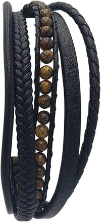 Men's Stylish Multi Strand Black Leather Straps With Tigers Eye Bead And Stainless Steel Magnetic Clasp Bracelet, 8.5"