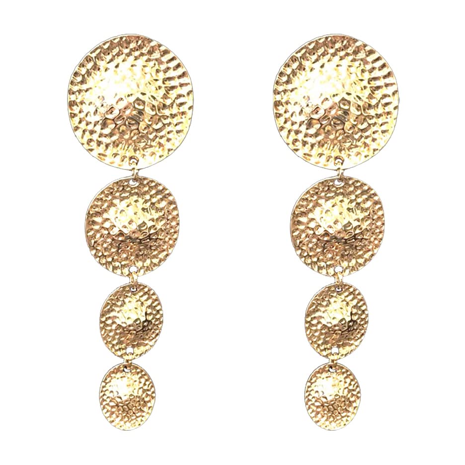 Statement Shoulder Duster Hammered Metal Dangle Clip On Style Long Earrings, 4.25" (Gold Tone)