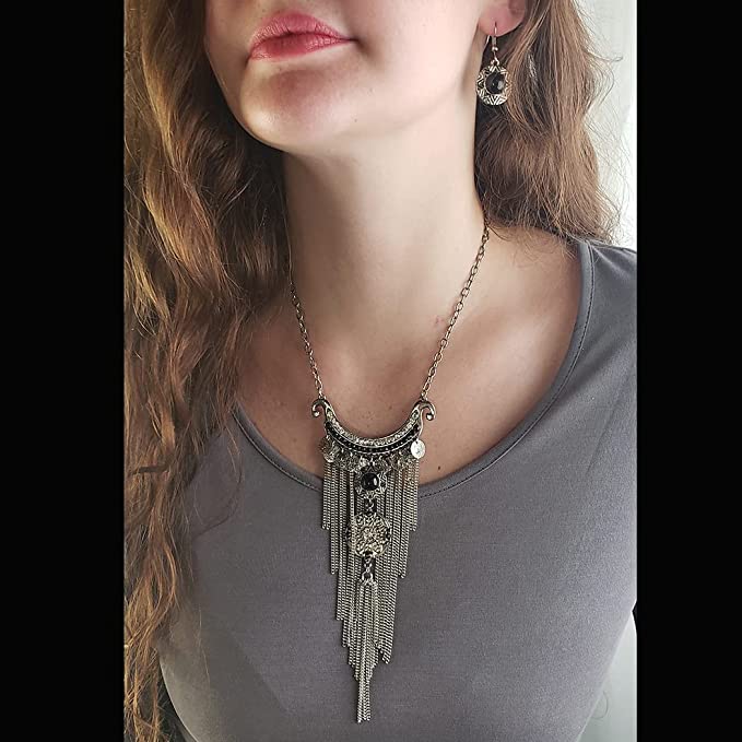 Stunning Silver Tone With Black Howlite Stone Gypsy Disc Coin And Fringe Statement Bib Necklace Drop Earrings Jewelry, 16"+ 3” Extender