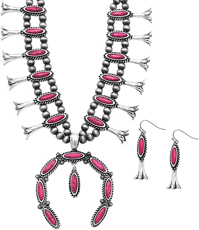 Colorful Natural Semi Precious Howlite Stone Statement Western Squash Blossom Necklace Earrings Set, 24"+3" Extension (Fuchsia Pink)
