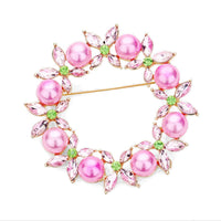 Stunning Floral Vibes Statement Crystal And Simulated Pearl Wreath Brooch, 2.5" (Pink Pearl Gold Tone Pink And Green Crystal)