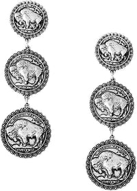 Unique Western Style Burnished Silver Tone Triple Buffalo Coin Hypoallergenic Post Back Dangle Earrings, 3"