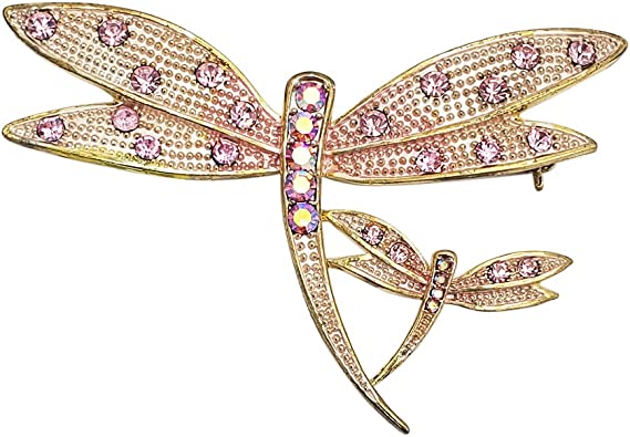 Enchanted Gold Tone With Sparkling Pink Crystal Rhinestones Dragonfly Brooch, 3"