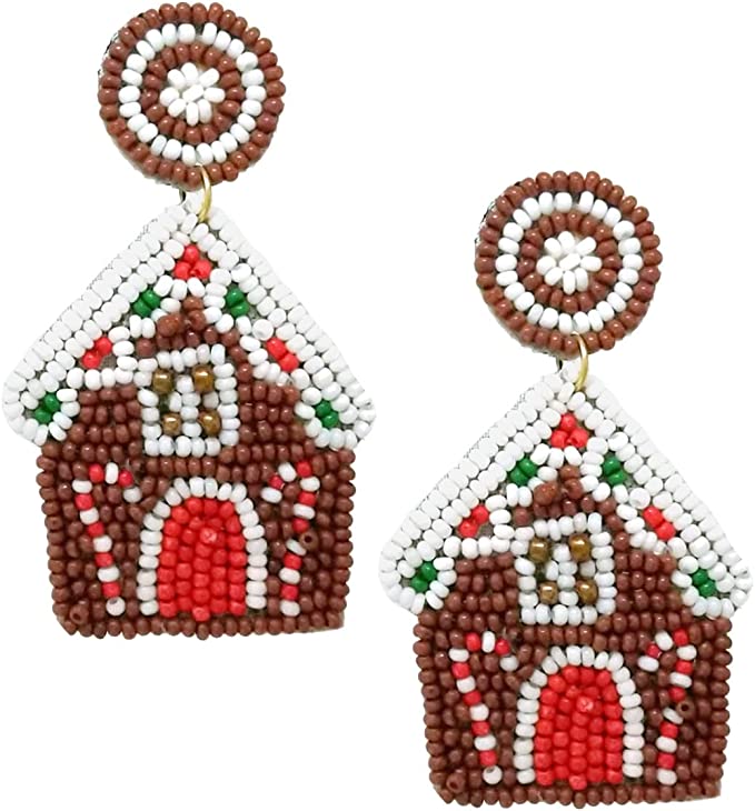 Fun And Festive Decorative Sweet Treats Holiday Celebration Seed Bead Hypoallergenic Post Back Dangle Earrings, 2.5" (Christmas Gingerbread House)