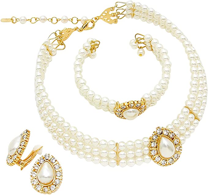 Simulated Large Teardrop Pearl 3 Piece Choker Necklace Cuff Bracelet Clip On Earrings Bridal Jewelry Set, 11"+3" Extender (Gold Tone)