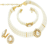 Simulated Large Teardrop Pearl 3 Piece Choker Necklace Cuff Bracelet Clip On Earrings Bridal Jewelry Set, 11