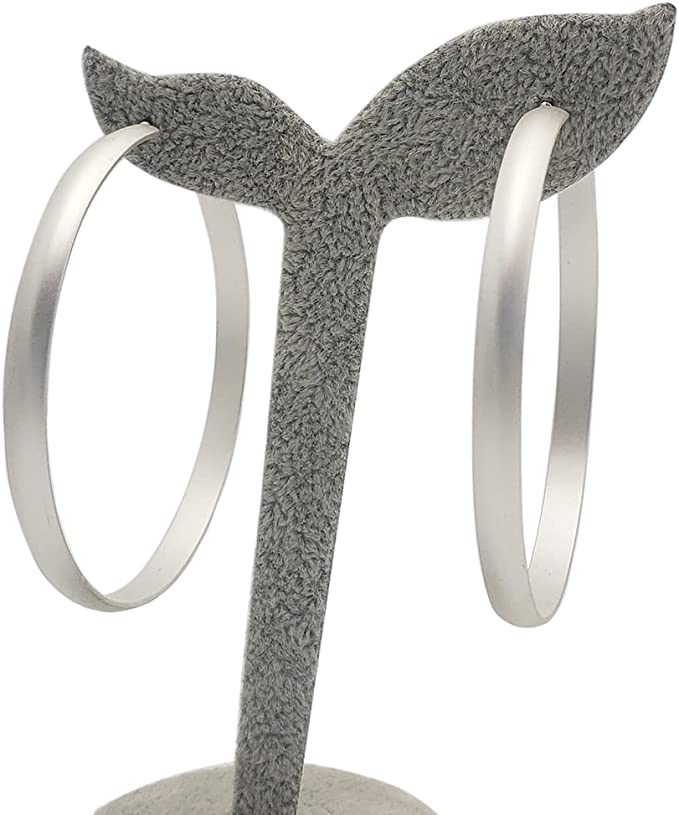 Chic Stainless Steel With Matte Finish Side Silhouette Modern Flat Hoop Earrings With Hypoallergenic Omega Post Backs (60mm, Silver Plated)