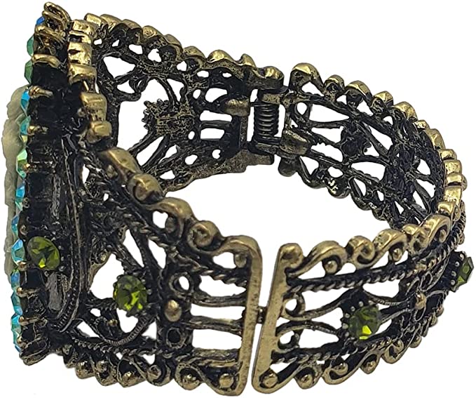 Stunning Vintage Inspired Burnished Gold Statement Victorian Elegance Metal Frame Hinged Cuff Bangle Bracelet, 6.75" (Green Cameo)