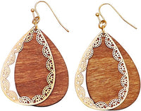 Boho Chic Wooden With Gold Tone Filigree Teardrop Shaped Earrings 2.25"