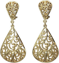 Stylish Polished Metal Filigree Cut Out Statement Teardrop Dangle Clip On Earrings, 2.62" (Gold Tone)