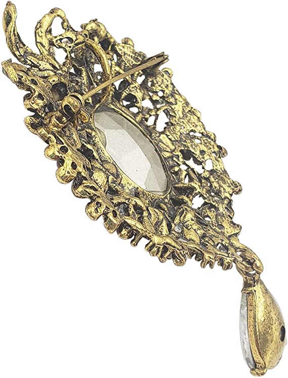 Stunning Vintage Vibes Brilliant Oval Crystal In An Ornate Gold Tone Flower Frame Brooch With Versatile Pendant Loop, 3.5"