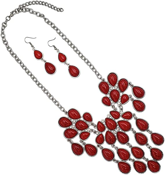 Cowgirl Chic Statement Red Howlite Stone Bib Necklace Drop Earrings Jewelry Gift Set, 14”+ 3" Extender