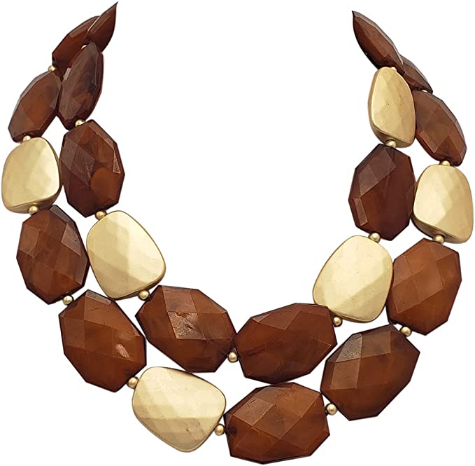 Chic Matte Gold Tone Double Row Resin Bead Statement Necklace, 17"+3" Extender (Brown)